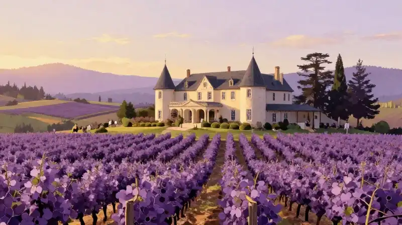 Whimsical chateau landscape within a cultivated vineyard