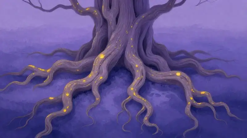 Whimsical roots meet sea in a magical purple storybook scene