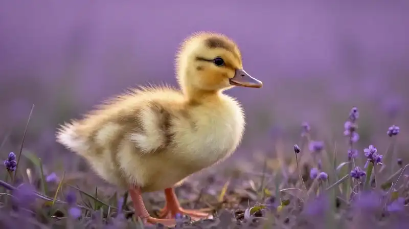 Whimsical duckling transformation in a magical purple meadow