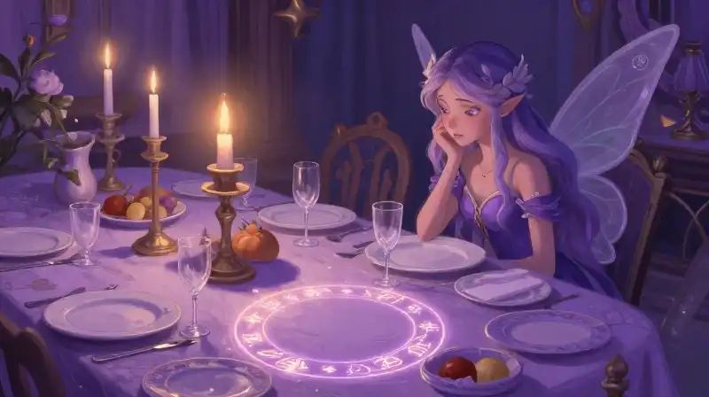 Fair magical fairy observing a missing item at a purple feast