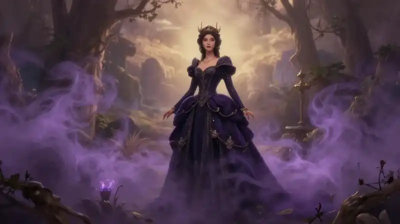 Child-friendly dark fairy in a whimsical magical purple setting