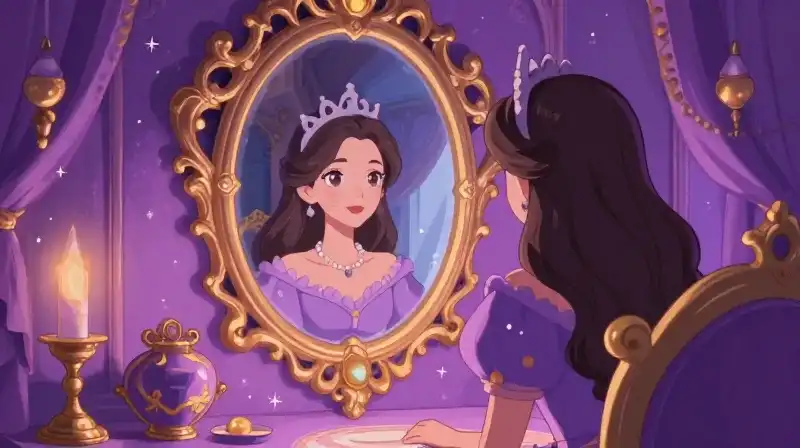 Queen obsessed with beauty reflected in a glowing magical mirror