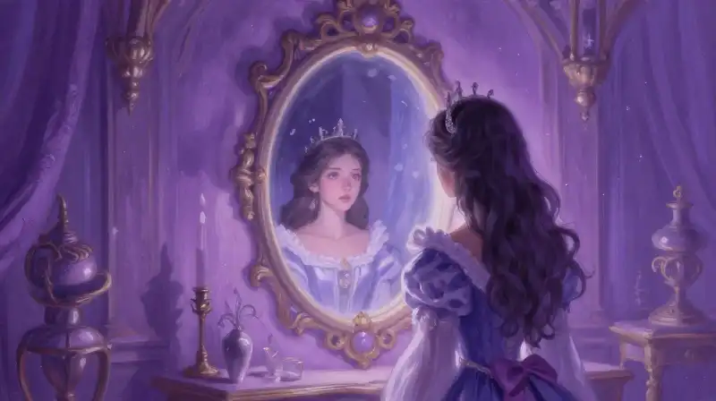 Queen contemplating vanity in an enchanted purple mirror