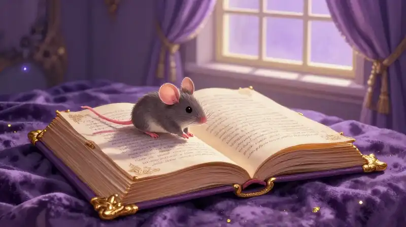 Whimsical childrens book open with a mouse friend in warm purple light
