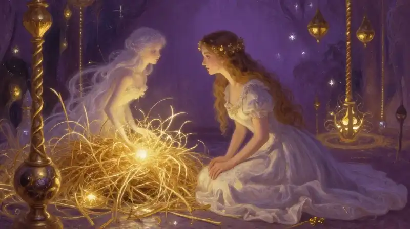 A whimsical scene of a maiden making a magical bargain