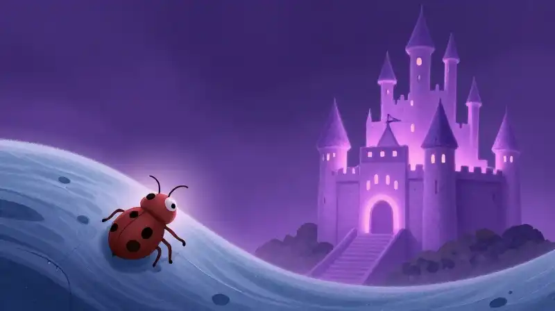 Tiny bug triggers sleep wave near whimsical castle, purple tones