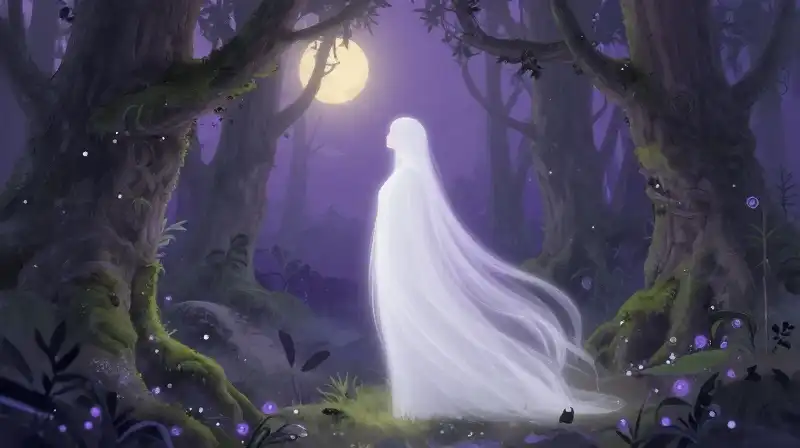 Majestic white being in an ancient enchanted purple forest