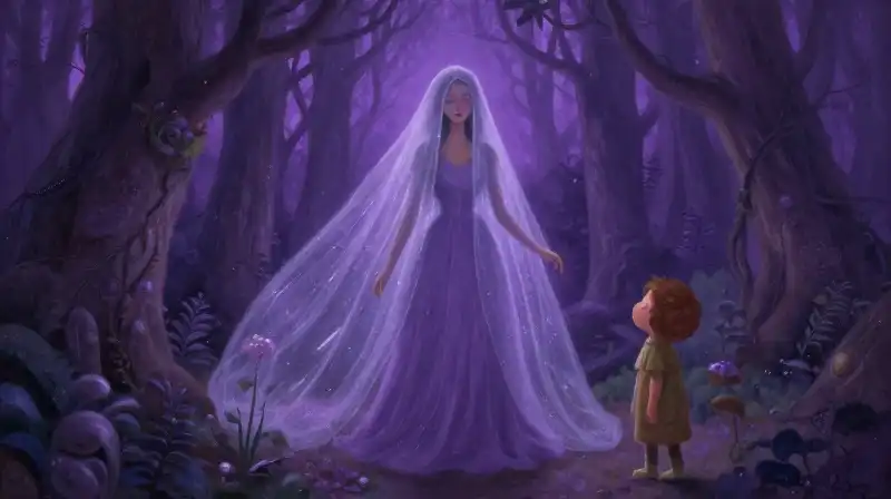 Ambiguous Fae creature stands before a magical parallel world portal