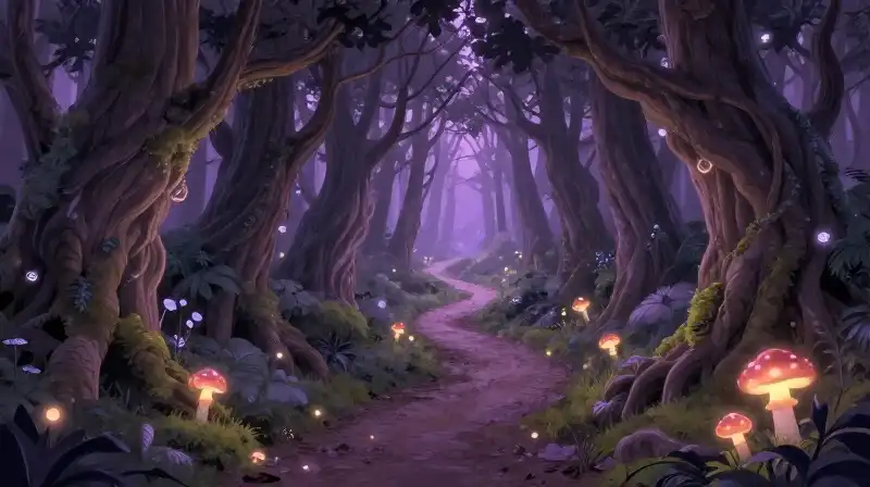 Magical forest path with glowing purple mist and gnarled trees