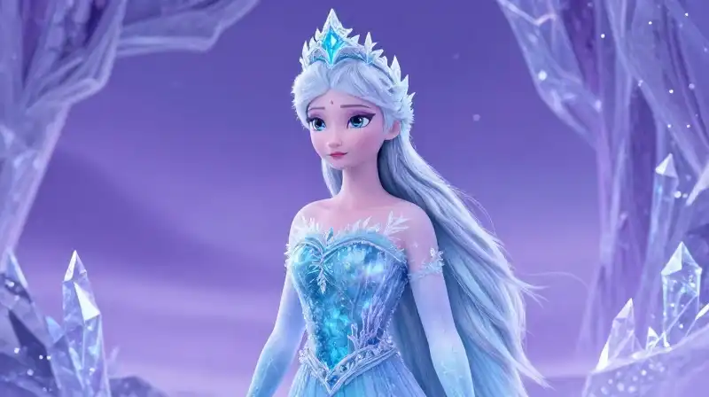 Elegant Ice Queen in a magical, perfectly ordered crystalline landscape