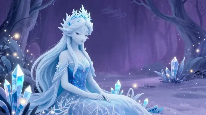 Whimsical storybook illustration of a gentle magical ice queen