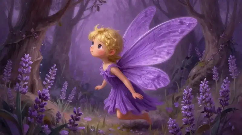 Whimsical pixie undergoing magical transformation in a purple grove