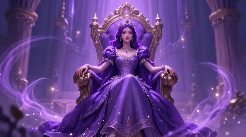 whimsical storybook of a powerful, purple-hued princess