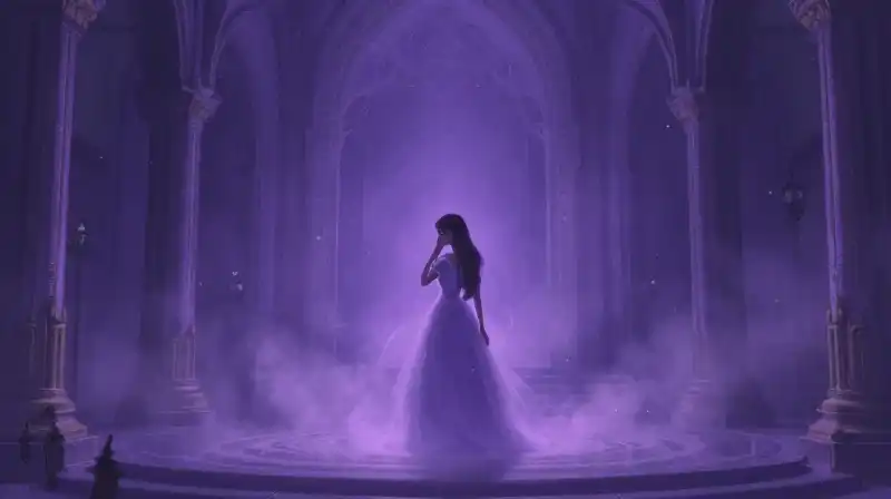 Isolated princess surrounded by magical purple emotional energy