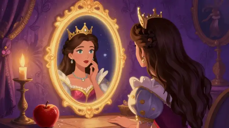 Queen observes reflection in magical purple mirror