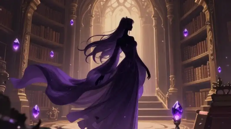 Elegant sorceress in purple magical library setting