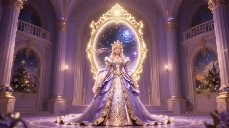 Elegant queen gazes into a magical reflective mirror in a purple castle