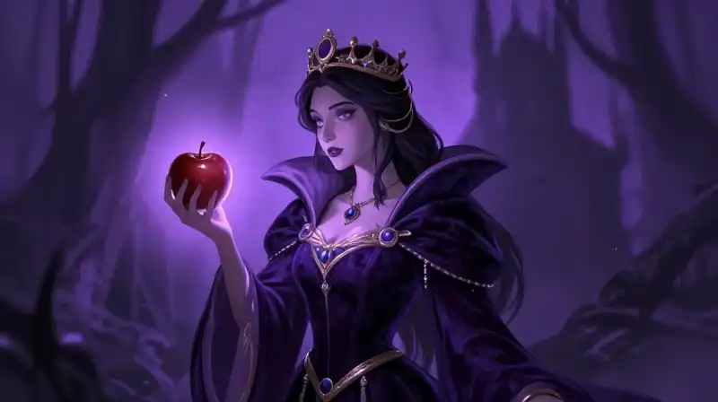 Evil Queen with dark symbolism and magical poisoned apple