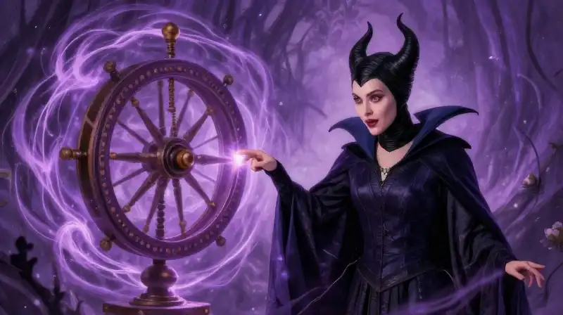 Magical purple staff and spinning wheel fantasy illustration