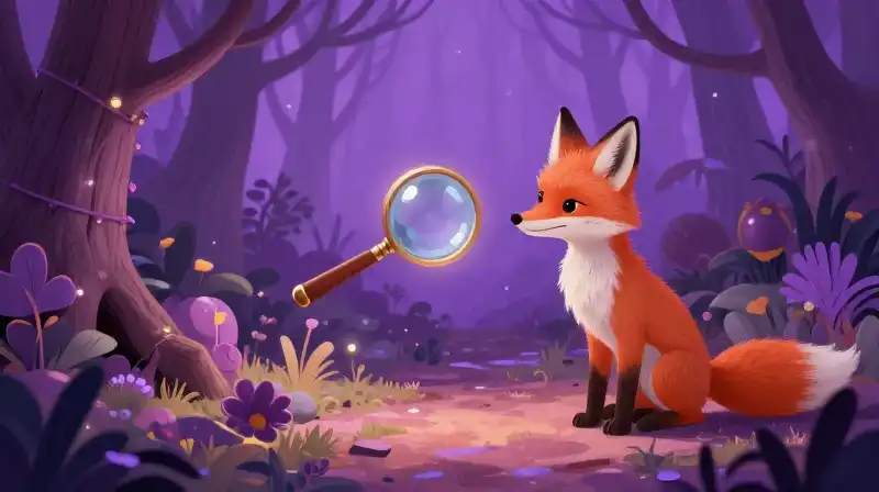 Wise fox archetype observing a moral principle with a glowing magical lens