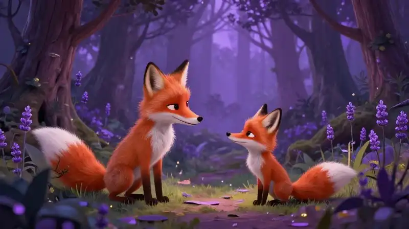 Clever fox teaching a lesson in a whimsical purple forest