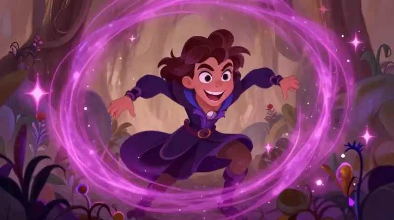 Playful character with purple magic and dramatic flair in storybook setting
