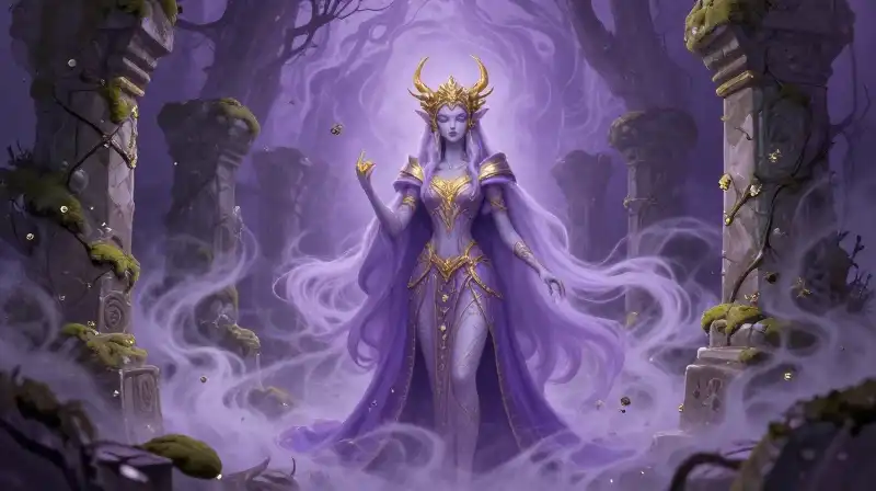 Regal magical Fae in an ancient enchanted purple wood