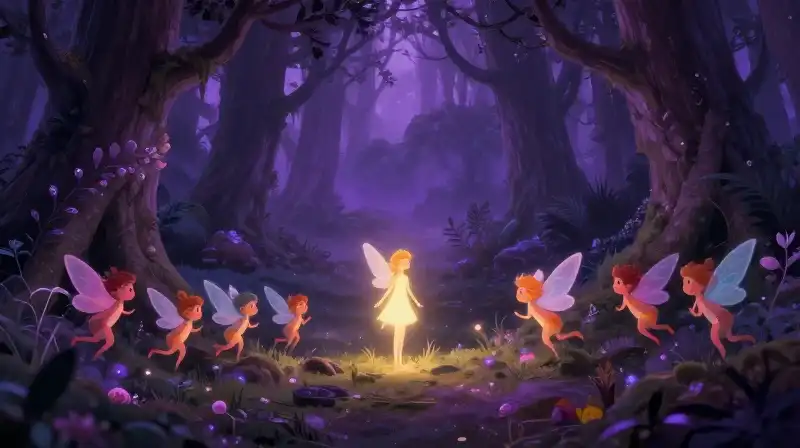 Friendly fairy folk gathered in misty purple woods