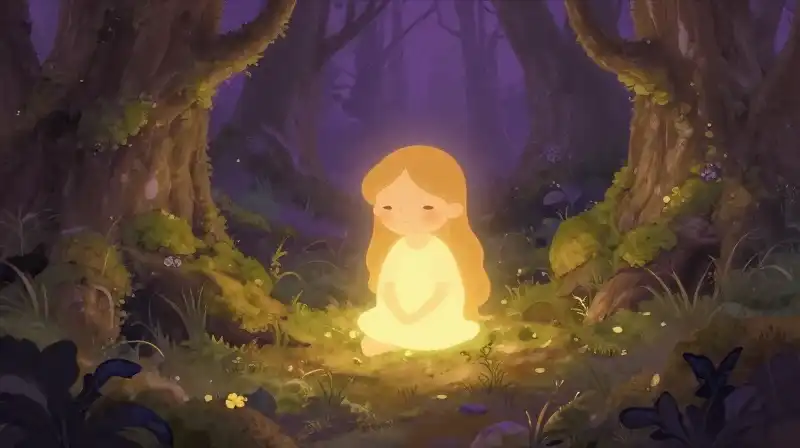 Whimsical fairy surrounded by ancient forest reflecting shifting myth