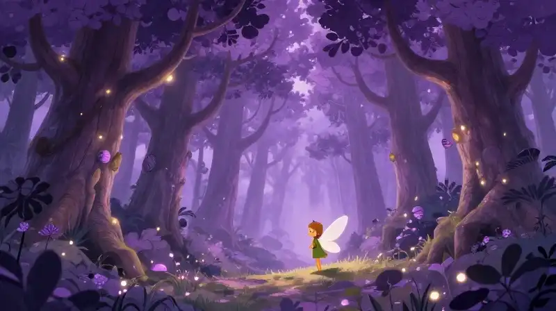 Friendly fairy spirit exploring a magical purple forest setting