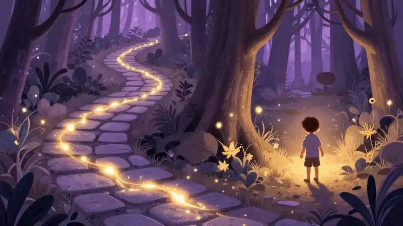 Child exploring paths of curated discovery in a magical fairy forest