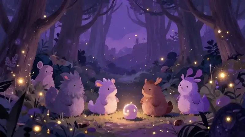 Cozy whimsical scene depicting community and engagement in twilight
