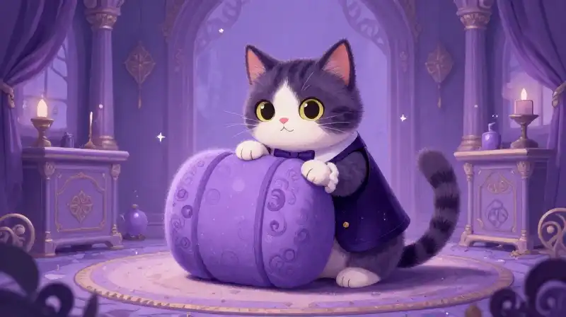 Clever cat strategizing in a magical purple storybook scene