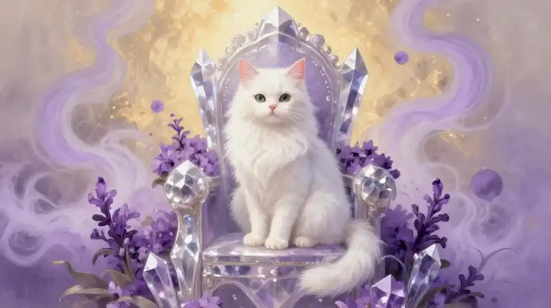 Magical feline monarch on a throne in a purplish fairy tale forest