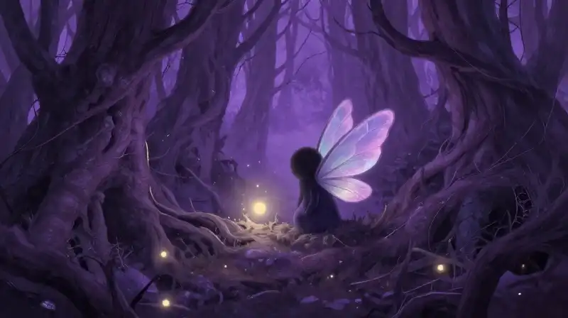 Gentle shadow character in a whimsical purple forest representing complexity