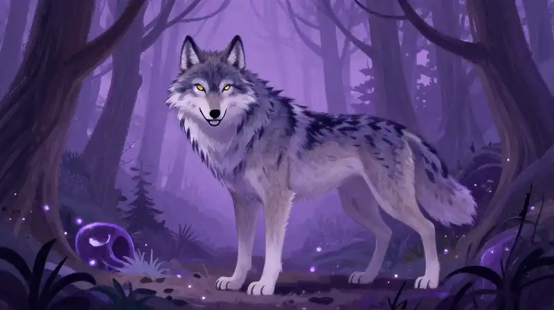 Whimsical purple wolf representing direct malice in a magical forest