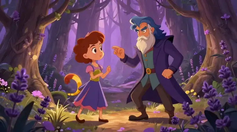 Hero clever trick defeats hubristic villain in purple fairy tale
