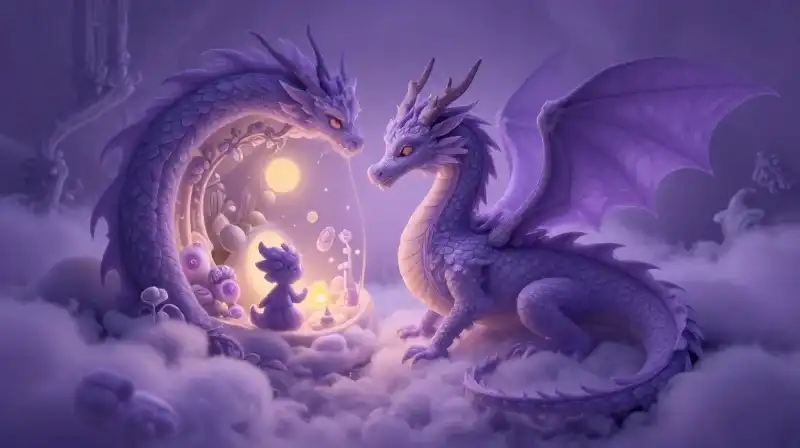 Gentle lavender dragon symbolizes childhood fears in a dreamlike scene