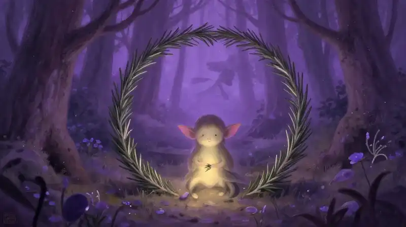 Fairy sprite with protective rosemary charms in a whimsical purple scene