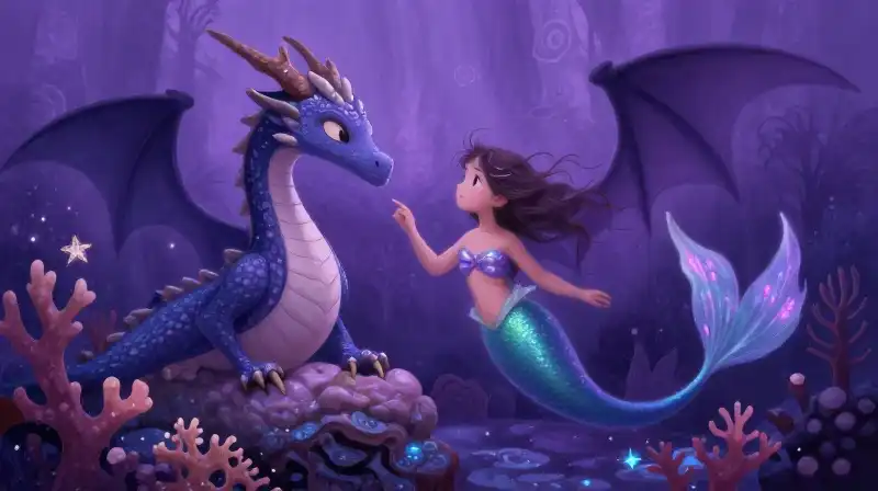 Friendly magical creatures in a whimsical purple underwater scene