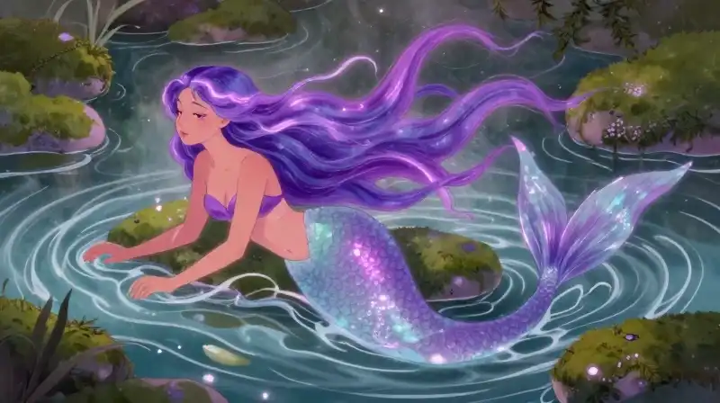 Ancient water spirit mermaid in a magical purple river