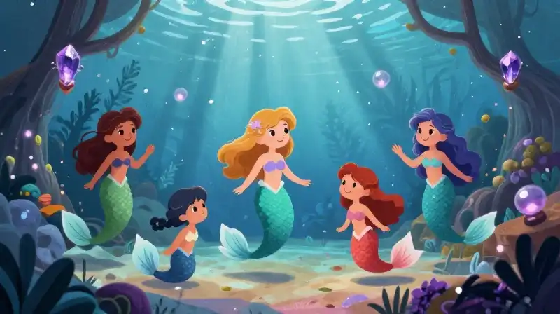 Friendly merfolk guide transformation in a magical underwater grotto