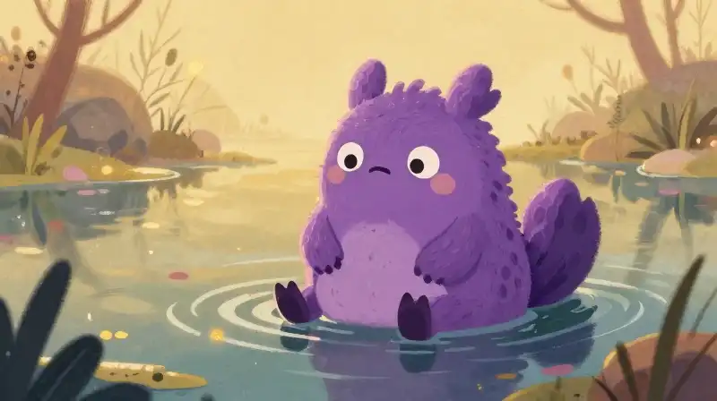 Friendly creature exploring a whimsical purple swamp