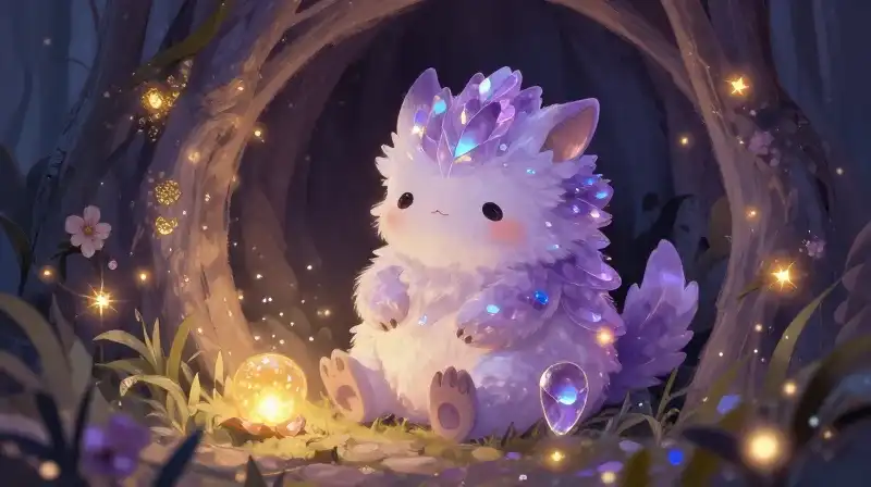 Whimsical creature resting in a magical purple bedtime nook