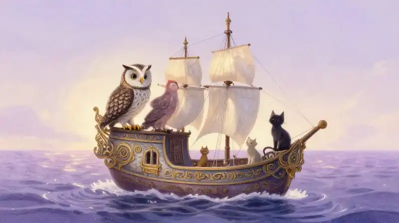 Whimsical owl and cat sailing on enchanted purple seas