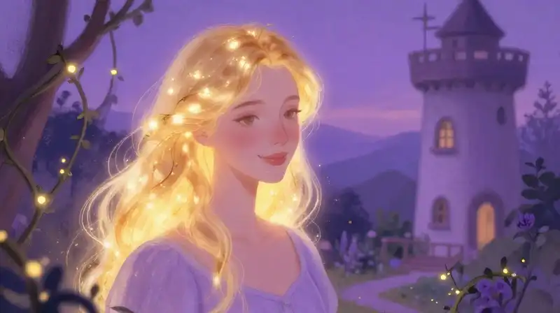 Whimsical storybook scene of a gentle fairy tale retelling in lavender hues