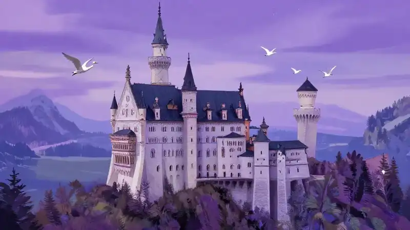 whimsical dream-like castle in magical purple hues
