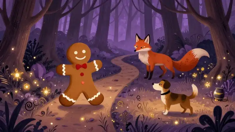 Gingerbread man caught between fox and dog in whimsical purple forest