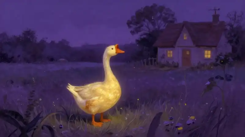 Simpleton meets magical golden goose in a purple meadow