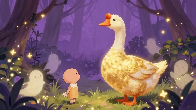 Simpleton finds fortune with a golden goose in a magical forest